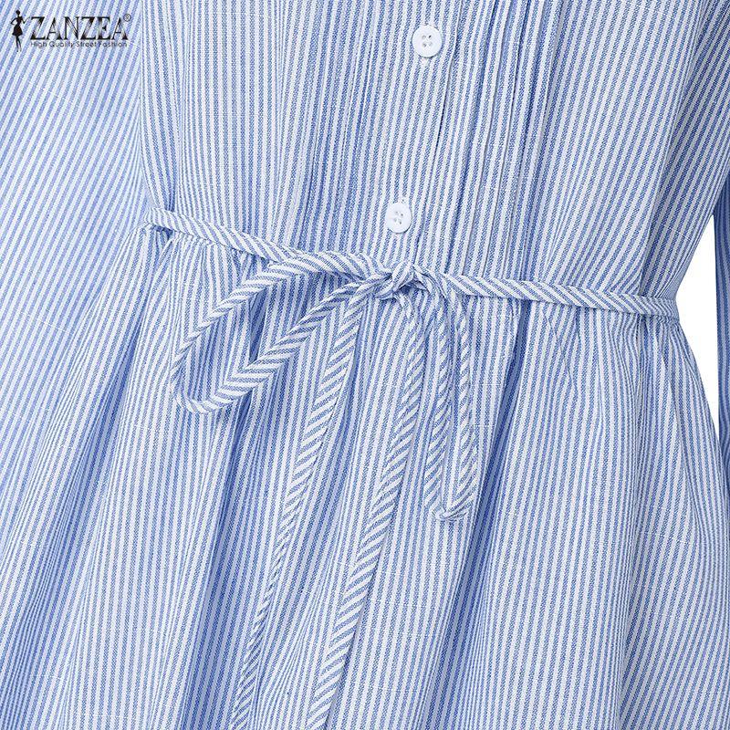 ZANZEA Women Casual Round Neck Loose Long Sleeve Stripe Dress