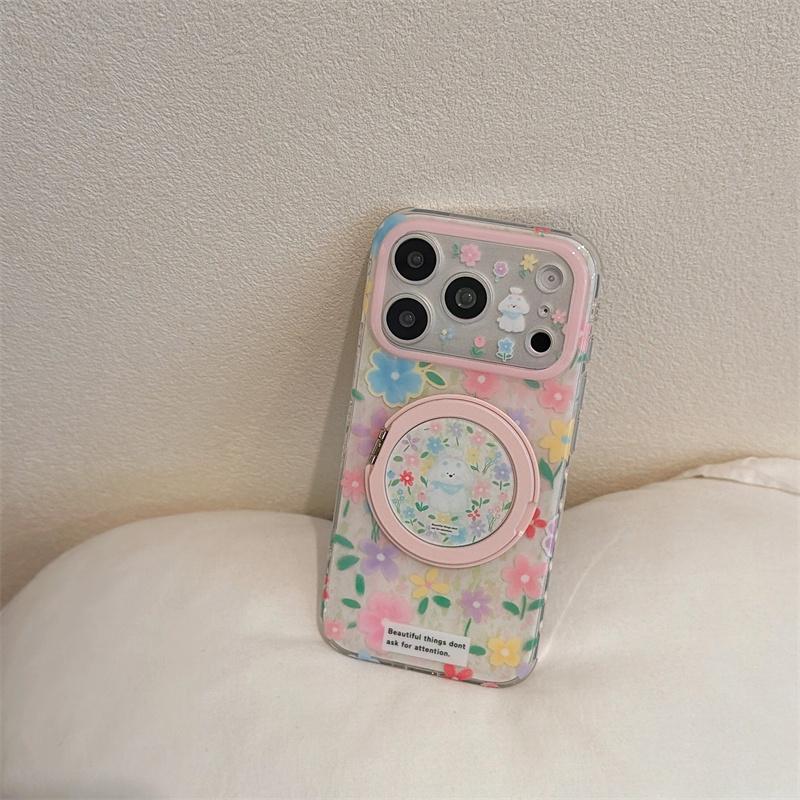 Kawaii Floral Puppy Ring Stand Phone Case For iPhone 15 16 17 Pro Max INS Cute Pink Glitter Clear Shockproof Protective Cover