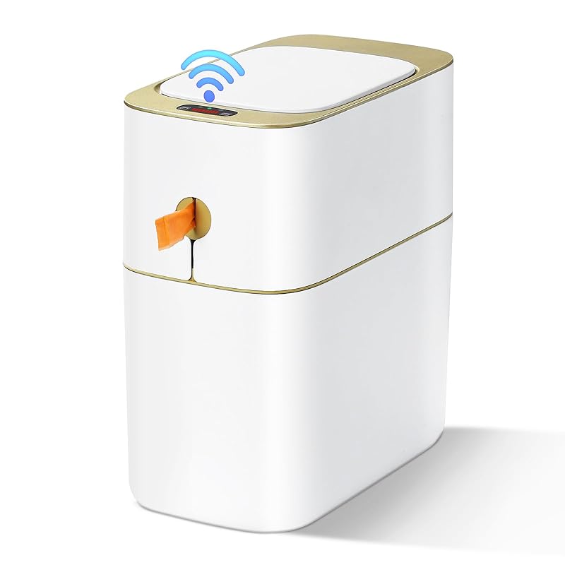 MOPALL Automatic Bathroom Trash Can with Lid, 3.1 Gallon / 13L Smart Motion Sensor Touchless Small Waste Basket, Slim Plastic Garbage Can for Bedroom 3.1 Gallon