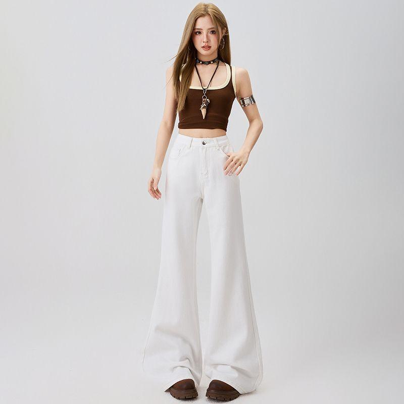 Spring Summer Off White High Waist Slim Horse Hoof Floor Flare Denim Pants For Women Casual Pants Oversize Denim Trousers