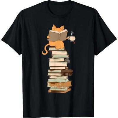 Kawaii Cat Lover Coffee Books Teacher Librarian Cat T-Shirt