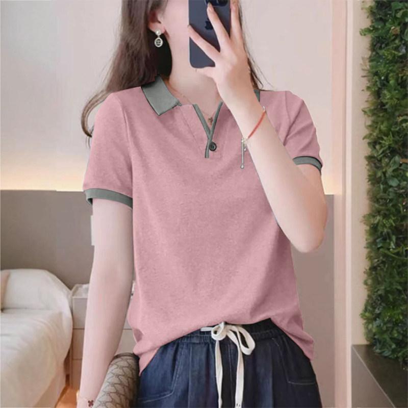 Lapel short sleeve t-shirt women's summer color block polo shirt top