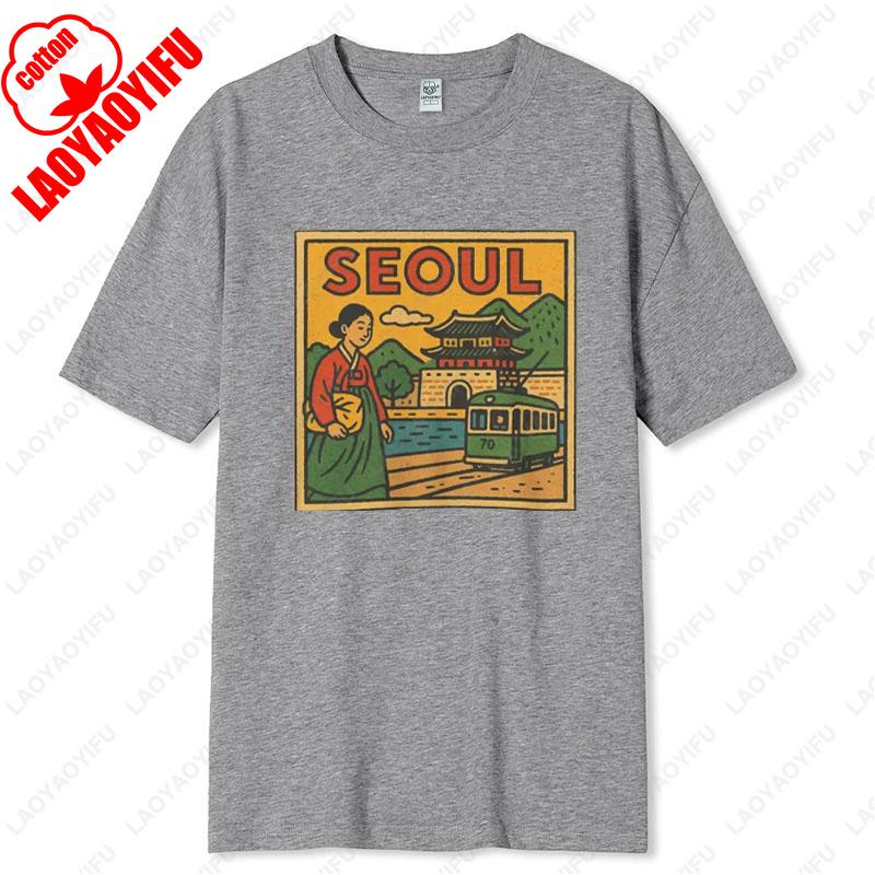 Seoul Korea Comic T-Shirt Unisex Retro-Stil Vintage Stadt-Skyline Grafik-T-Shirts Bold Asian Travel Baumwollshirt Geschenk Männer Frauen Tops