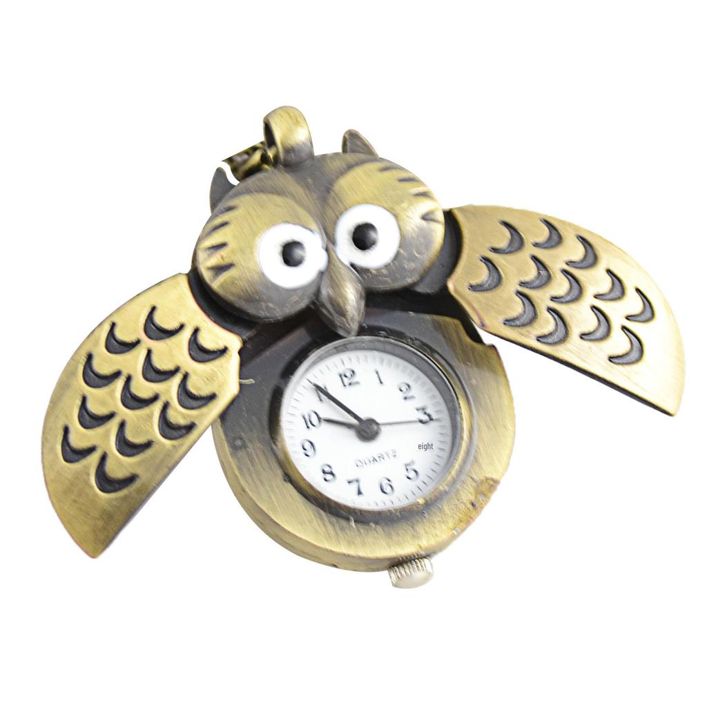 Vintage Owl Pendant Necklace with Antique Bronze Slide Cover Pocket Watch