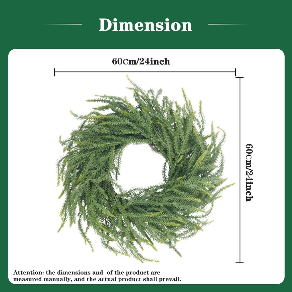 24in Norfolk Pine Wreath for Front Door Artificial Christmas Wreaths Faux Green Wreath for Wall Window Indoor Outdoor Xmas Decor