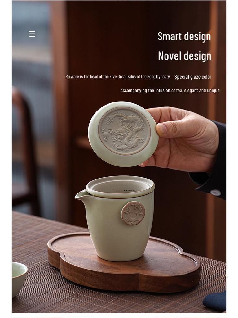 Compact Ru Kiln Travel Tea Set: Portable Quick-Brew Teapot & Teacups for One