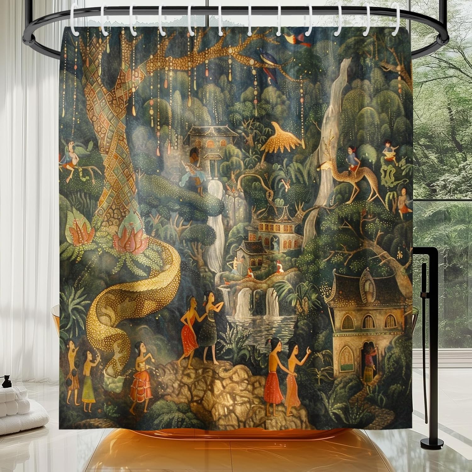 Jaipur Garden Shower Curtain, Indian Painting Style Bathroom Decor,Waterproof Fabric Curtain with Hooks, Vintage Floral Boho 90x180CM