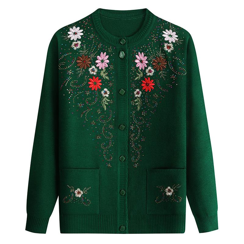 Women's Single-breasted Slim Sweater Coat Middle-aged and Elderly Embroidery Knit Cardigan Jacket
