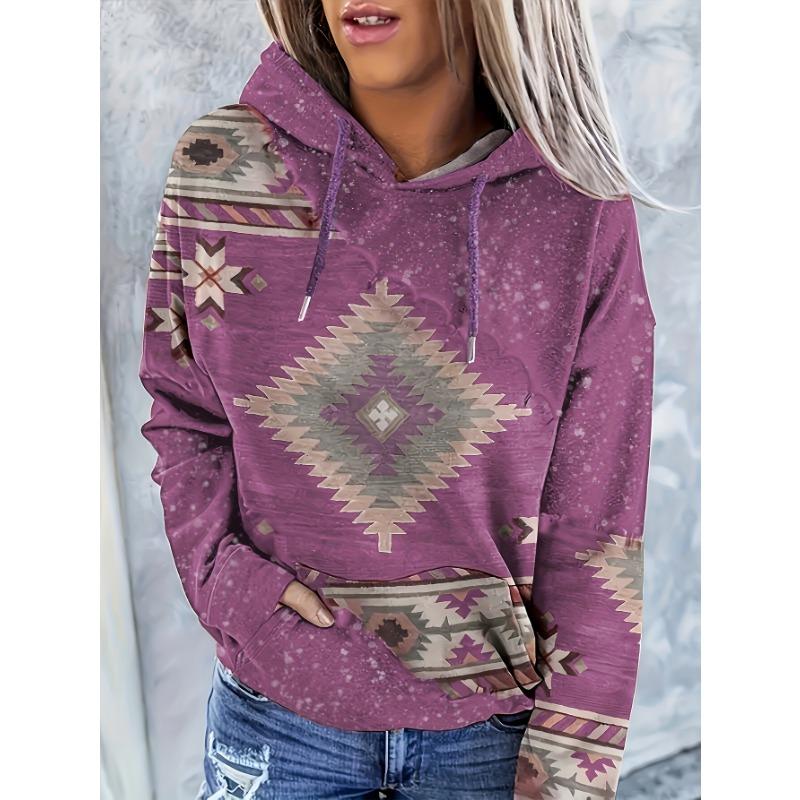Women'S Casual Fashion Round Neck Hooded Sweatshirt, Western Ethnic Style Vintage Print Women'S Top Hoodie