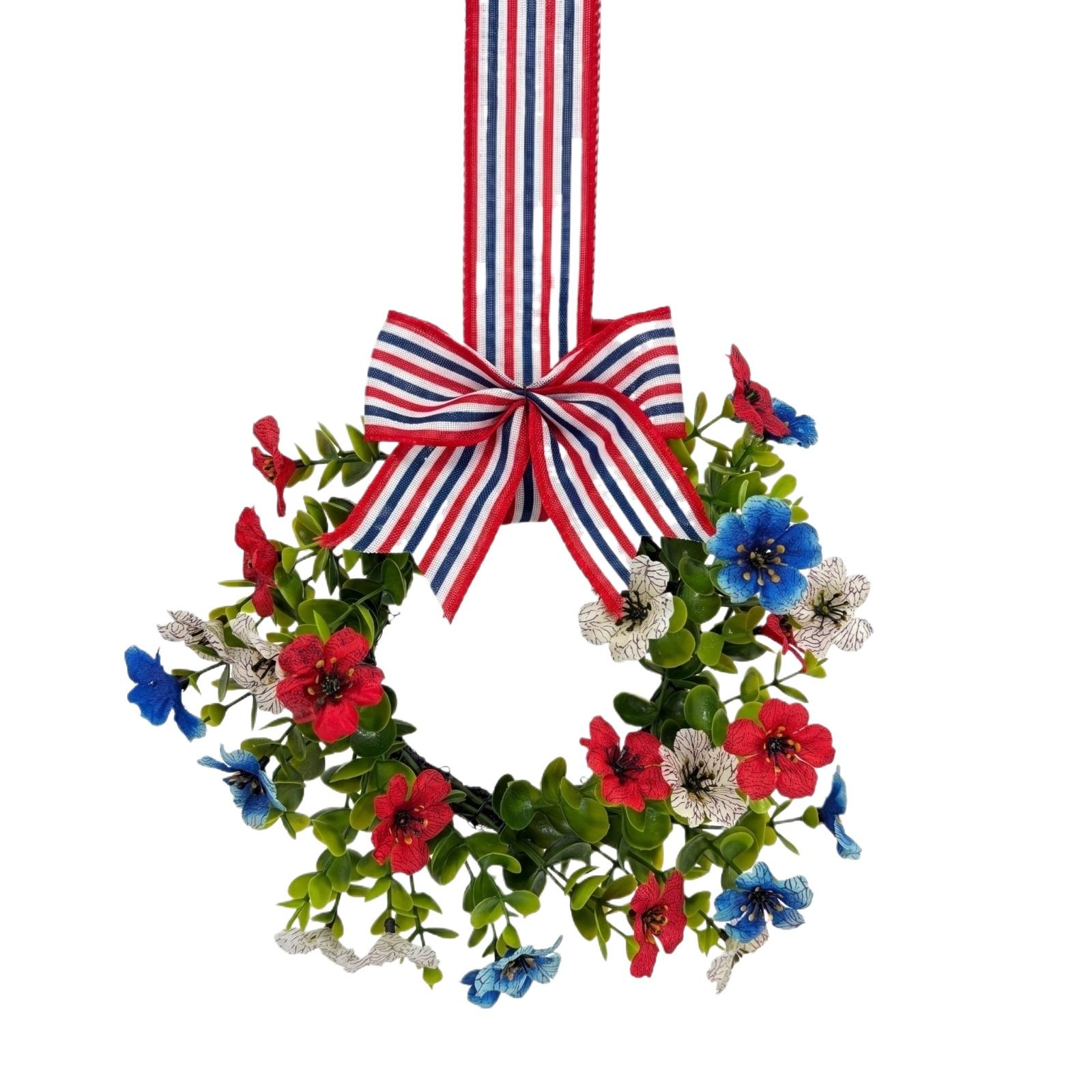 

24CM Independence Day Floral Wreath Patriotic Door Hanging Decoration with Artificial Flowers and National Flag Ribbon for Celebration Atmosphere One Size белый