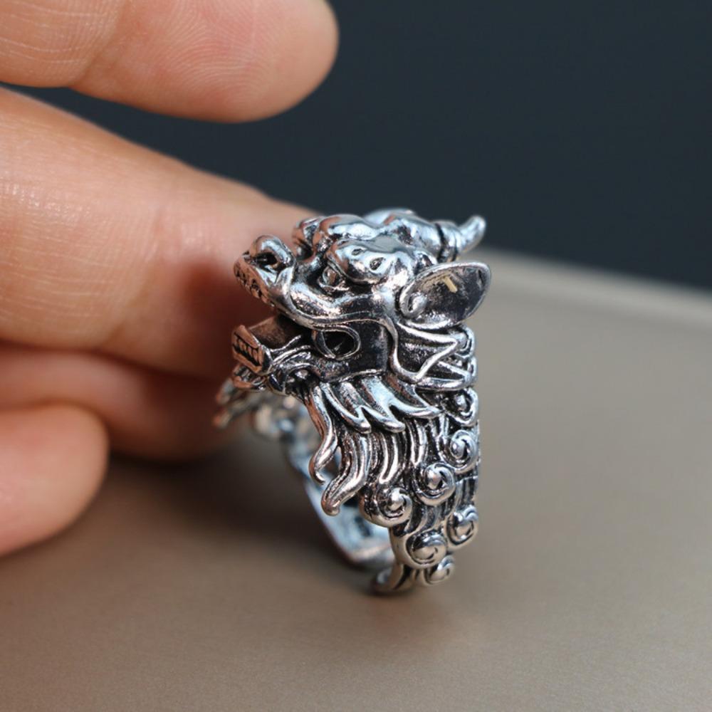 European and American Men's Trendy Metal Ring, Retro Style Cool and Handsome Design Totem Geometric Men's Ring