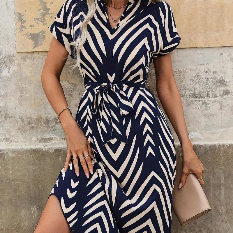 Summer Fashion Clothing Women's Elegant and Casual V-neck Short Sleeved Stripe Belt Comfortable Dress