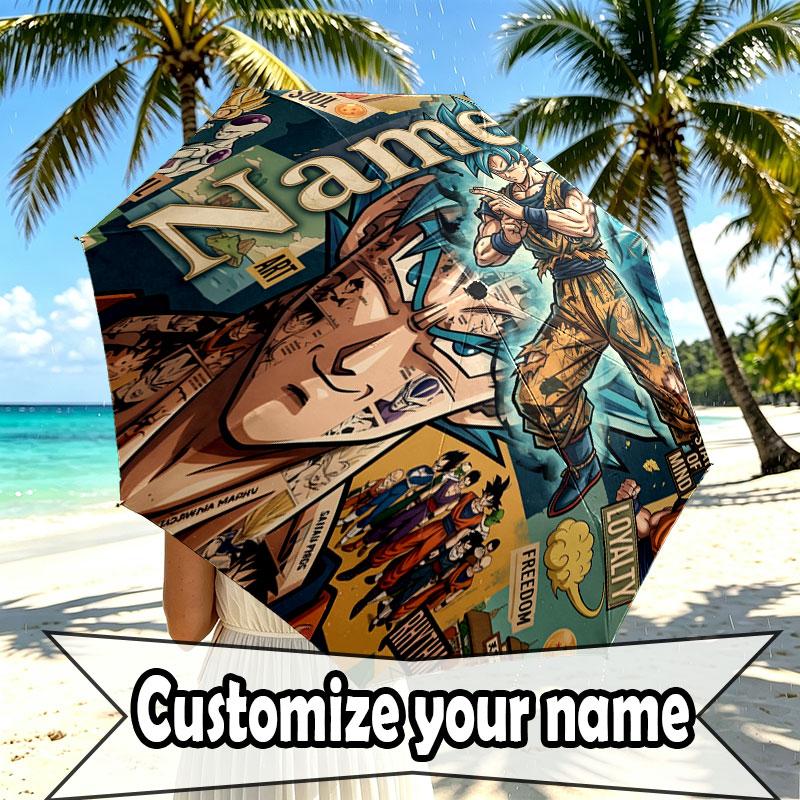 Custom Name Personalized Dragon Ball Z Print Umbrella, Auto Open Close, 8‑Rib Sturdy Frame, Commute Camping Hiking Use, Birthday Gift