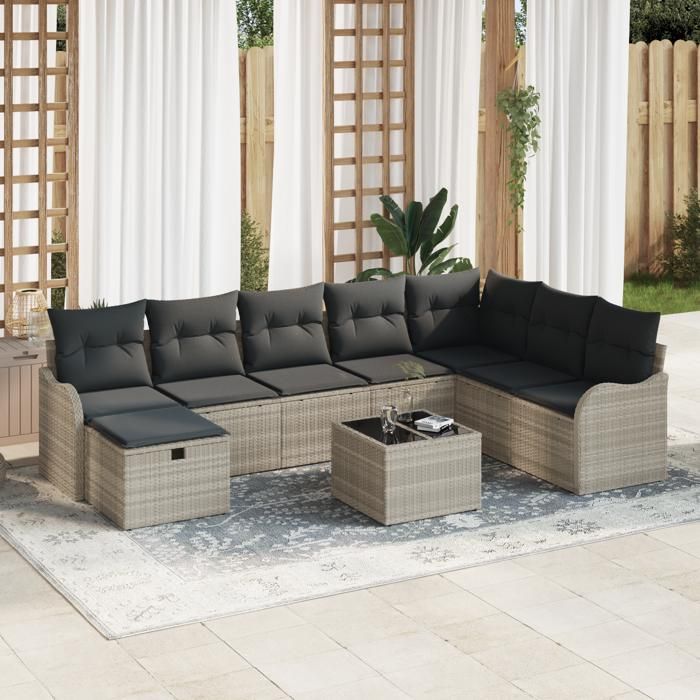 Ensemble de canapé de jardin de 9 pièces avec coussins gris clair en poly rotin, Canapé de jardin 2 places avec coussins 3359041