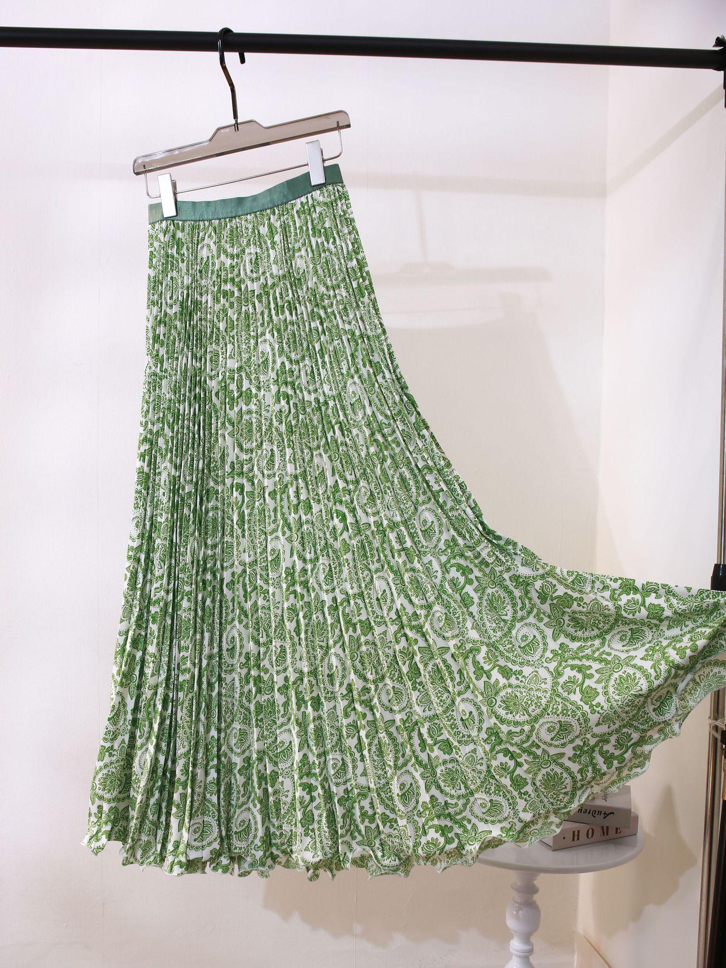 Европейская и южноафриканская ретро-принт плиссированная юбка миди: Классический, Универсальный и Элегантный One Size зелёный