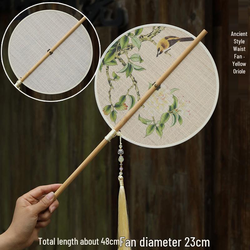 Ancient Style Portable Round Fan - Rollable with Bamboo Strips, Intangible Heritage, Perfect for Hanfu Costume, Cooling Summer Accessory.