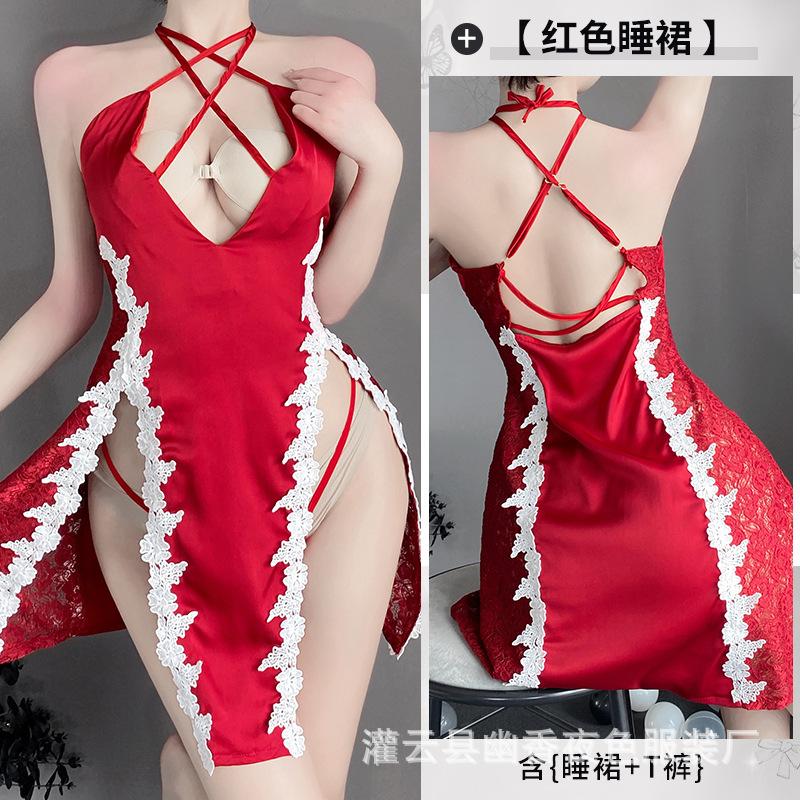 

Тонкое женское сексуальное нижнее белье глубокий V соблазн разрез сбоку вышивка подтяжки ночная рубашка галстук 9 XL size (120-67.5 kg)