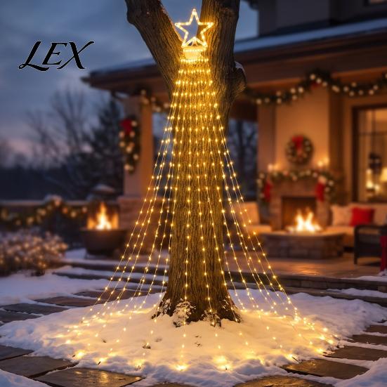 Reusable Holiday Garden Lighting Solar Christmas Tree Waterfall Light, 11.5FT 346 LED Powered String Light Durable Waterproof Strips with Star