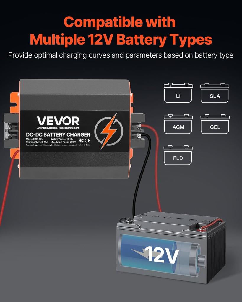 12V 40A DC to DC Charger Battery Charger 500W for Lead-Acid Lithium AGM