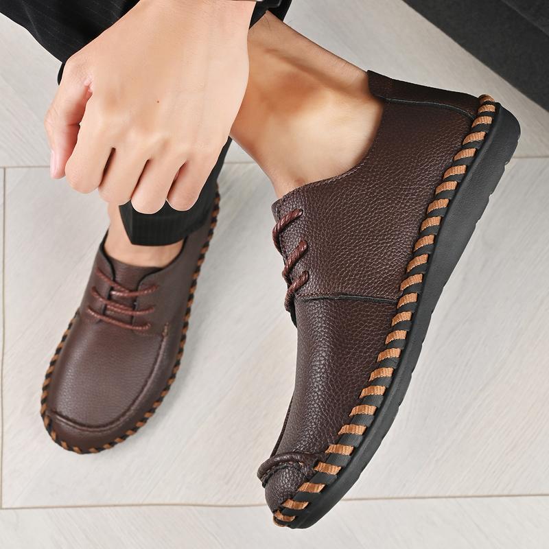 Summer High-quality Men Casual Shoes Leather Outdoor Walking Lace-up Sneakers Fashion Male Leisure Vacation Soft Driving Shoes