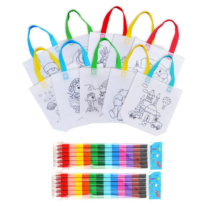 DIY Coloring Goodie Bags with Crayon & Coloring Markers Party Gift Bags for Kids Toy Storage Bag Eco Non-Woven Fabric Bags