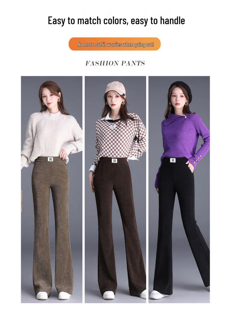 Damskie spodnie sztruksowe z wysokim stanem i aksamitną podszewką – Rozmiar plus, Luźne, Wyszczuplające, Lekko rozszerzane, Długie spodnie na jesień/zimę.