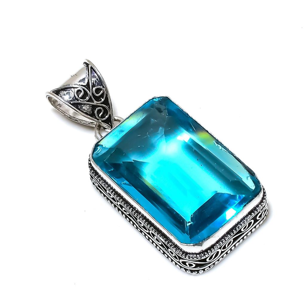 Zierlicher Blautopas Edelstein Silber Anhänger in 925 Sterling Silber - Handgefertigtes Design, Alltagsschmuck, Einzigartiger Anhänger Party-Wear Geschenk