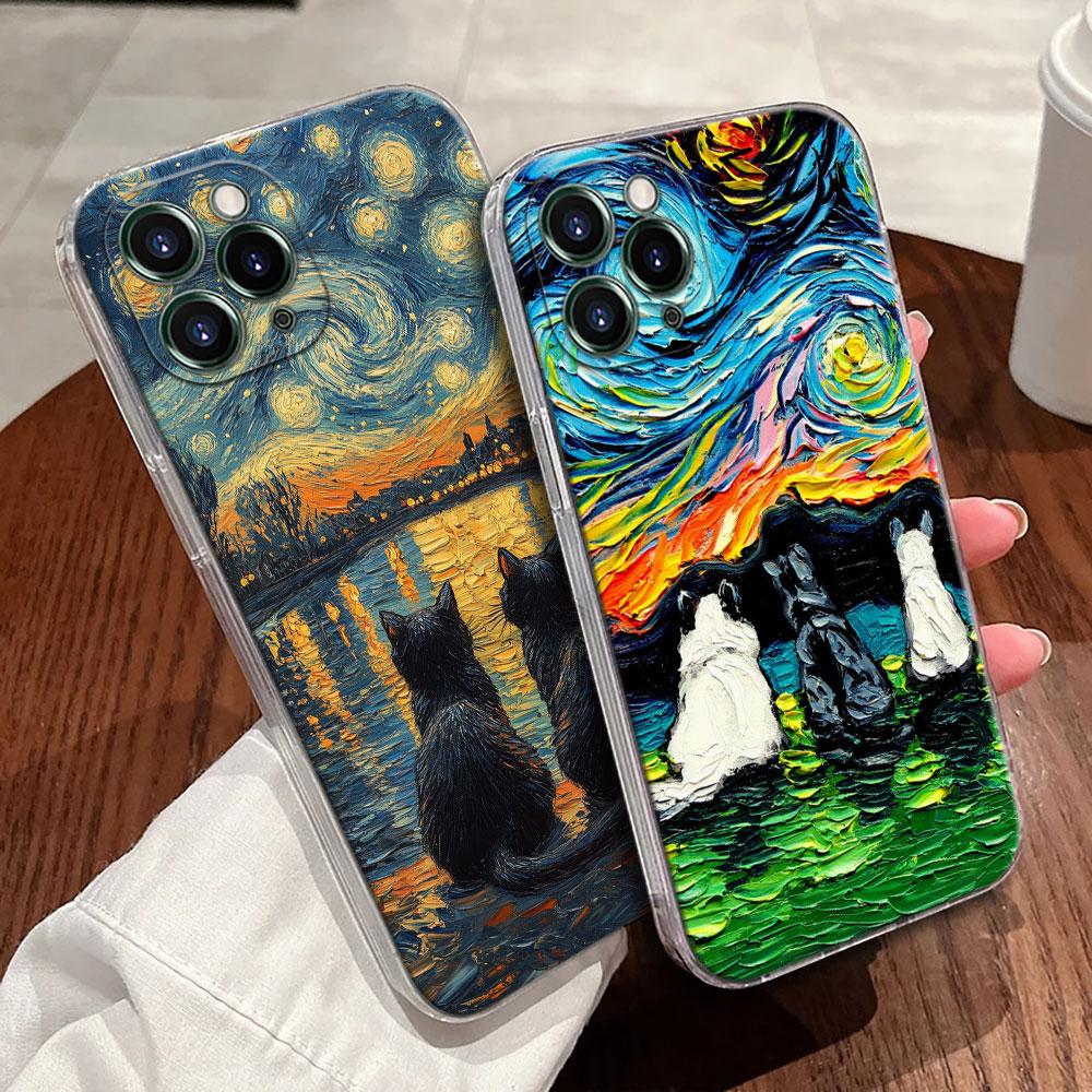 Cat Van Gogh Starry Night Oil Painting Case For Apple iPhone 17 16 15 14 13 12 11 Pro Max Plus 16E 17Air 17Pro Phone Cover Funda