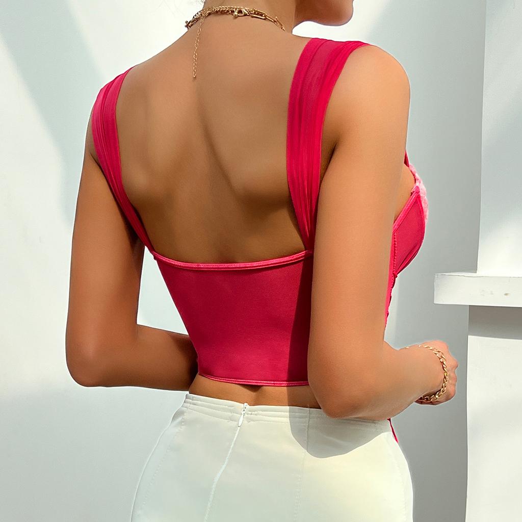 Stickerei Spitze Crop Weste Top Frauen Sommer Mesh Sexy Rosa Korsett Top Mode Aushöhlen Blumen Druck Grundlegende Tank Top