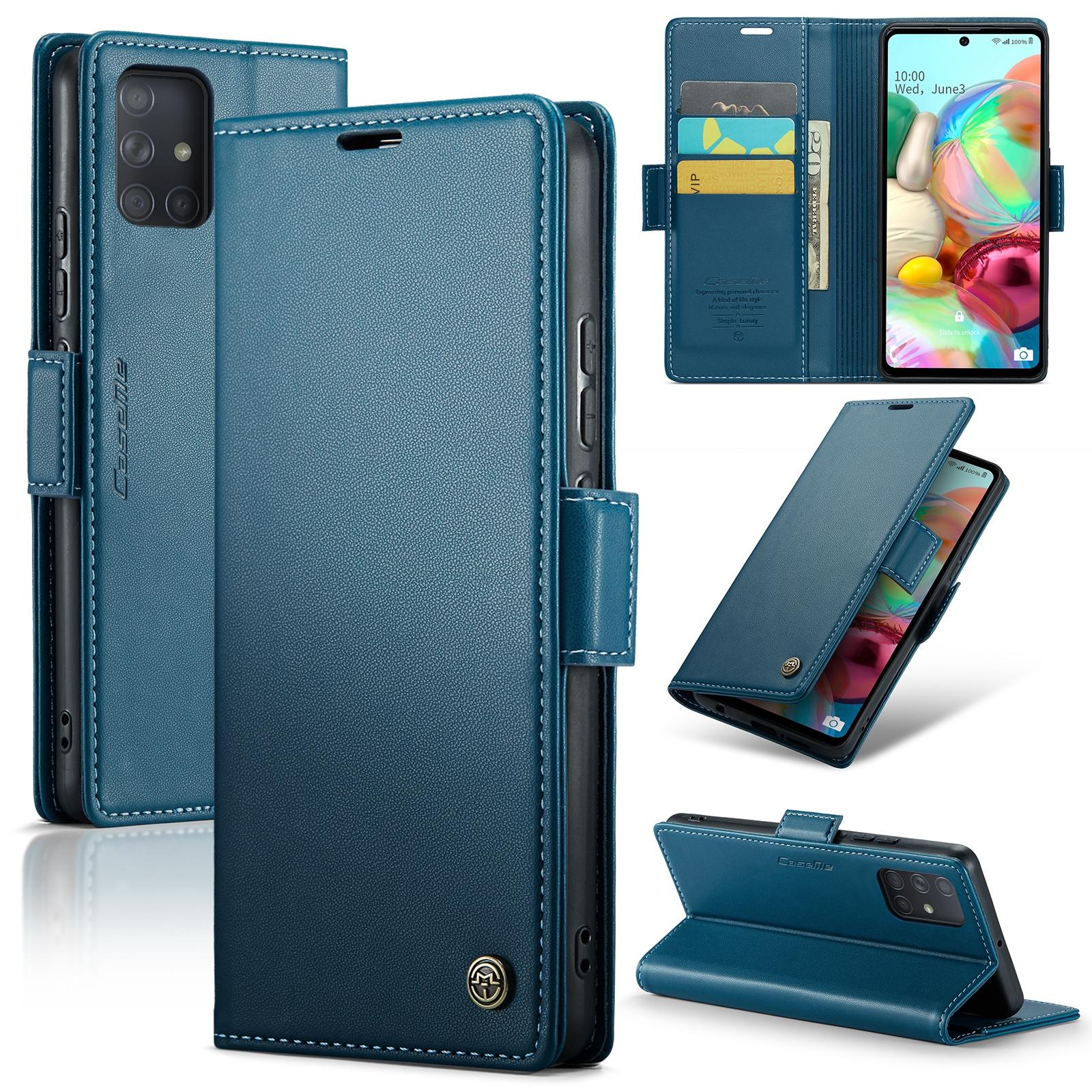 

For Samsung Galaxy A71 4G SM-A715 Leather Case CASEME 023 RFID Blocking 3 Card Slot Mobile Cover Blue