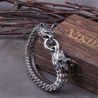 Yüksek kaliteli paslanmaz çelik İskandinav Viking Odin kurt kafası çelik bilezik ve deri bilezik Punk erkek tılsım takı hediye erkek bilezik