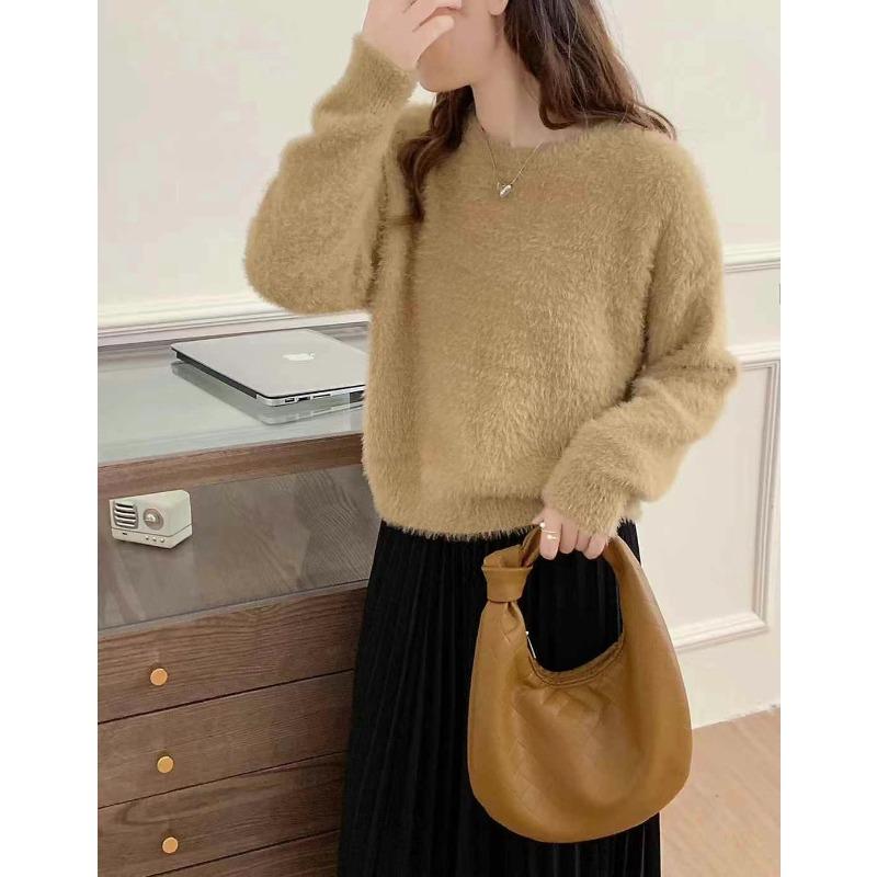 

Вязаный свитер топ из искусственного норкового флиса со шнуровкой сзади и бантом, новый короткий пуловер для женщин на осень и зиму one size fits all хаки