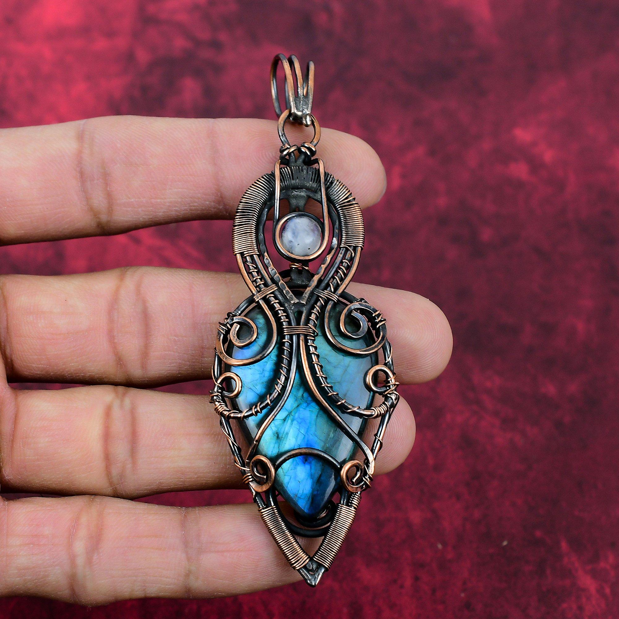 Labradorite Pendant Copper Wire Wrapped Jewelry Rainbow Moonstone Pendant Handmade Gemstone Jewelry Copper Wire Wrap Pendant Gifts For Her