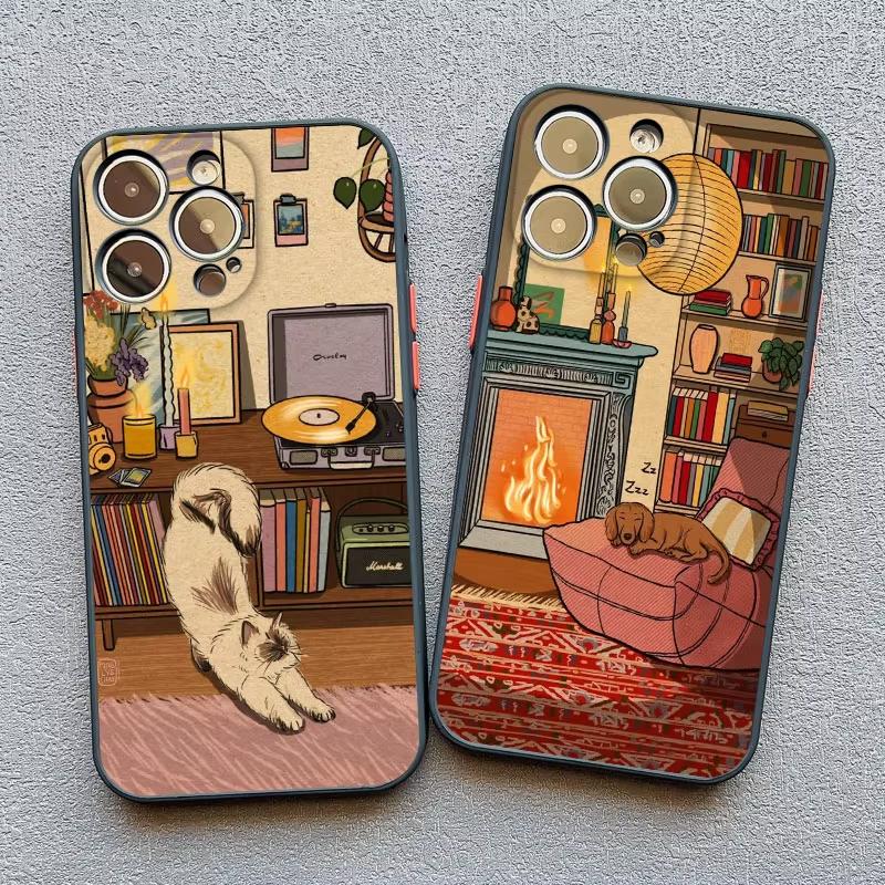 Retro Cartoon Cat Candlelight Illustration Phone Case For iPhone 17 Pro Max 16 15 Pro Plus 14 13 Mini 12 11 XR X 16E 17Air Cover