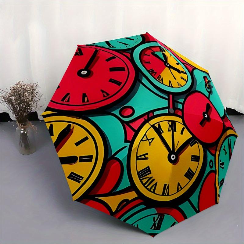 1pc Colorful Clocks Automatic Folding Umbrella - 8-Rib Iron Frame, Windproof, Portable Sunshade with Plastic Handle for Travel & Outdoor Act