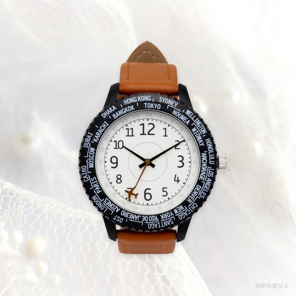 Fieldwork Analog Watch with Leather World Time Rotating Wald Women's Strap, Display, Bezel, Brown, YM125-2