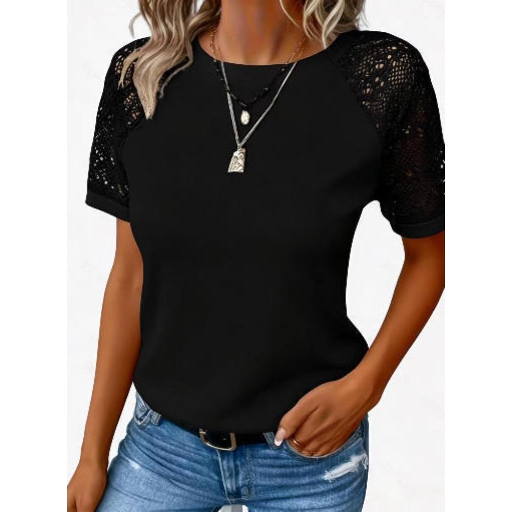 Women Solid Color Lace Long Sleeve Hollow Out Crew Neck Casual T-shirt Blouse Tops