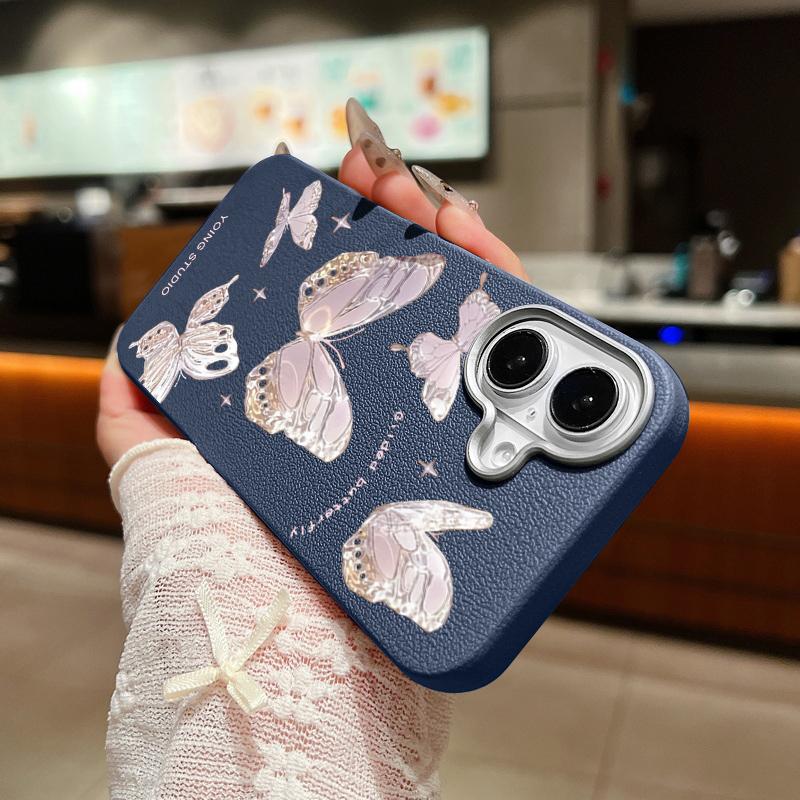 Butterfly Pattern Leather Texture Slim Soft Case Shell For iPhone 16 Pro Max 15 14 Pro 13 12 11 Matte Lens Protection Shockproof TPU Phone Cover