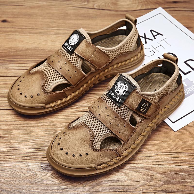 

2021 men s large size sandals breathable hollow wading shoes trend stitching beach shoes driving dual-purpose men s shoes 46 песочный