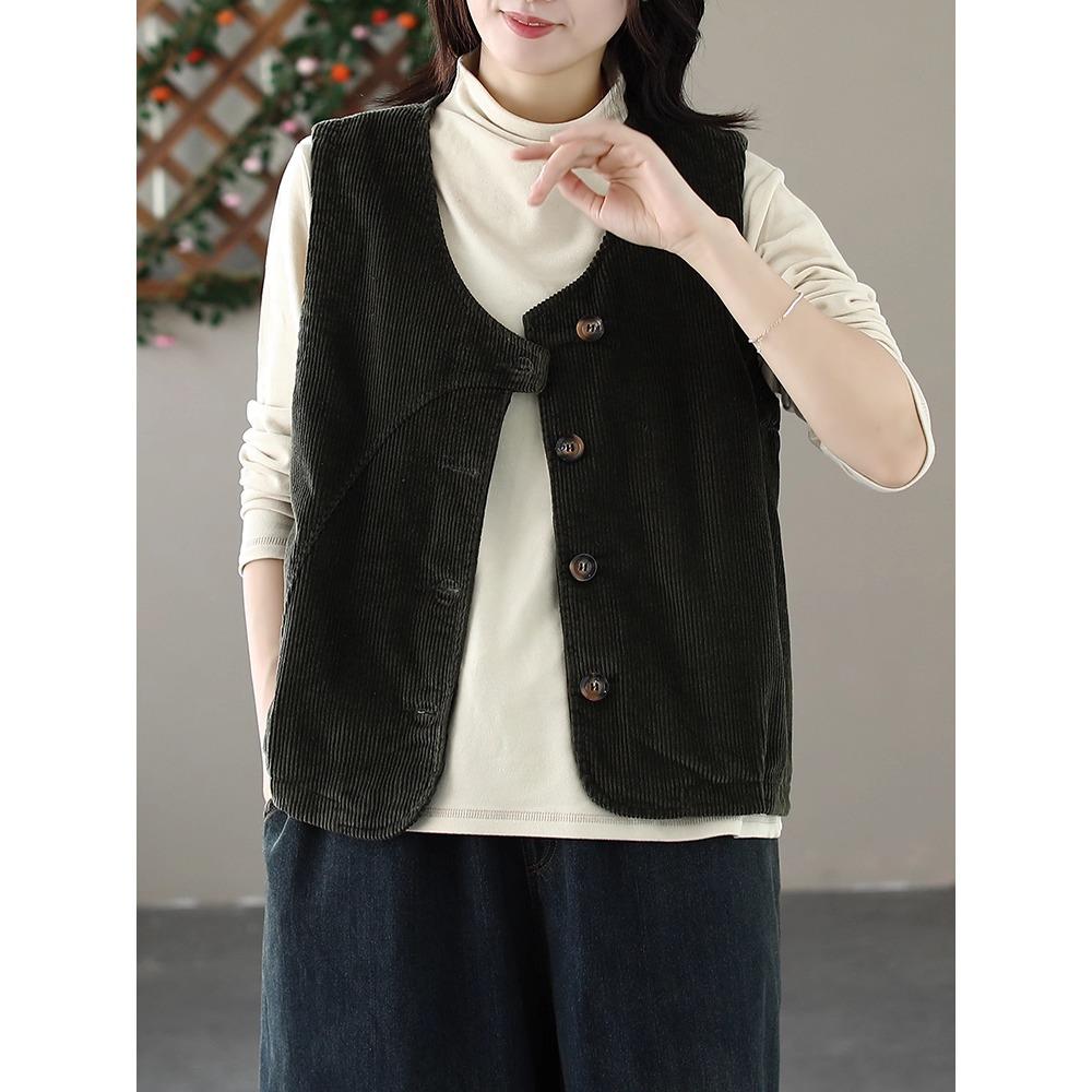 Dimanaf 2025 New Corduroy Jacket Vest Autumn Short Sleeveless Retro Coat Buttons Women Solid