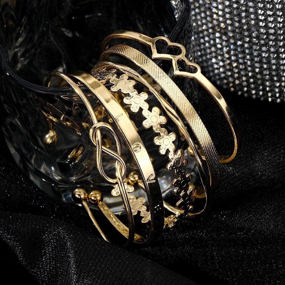 6 Stück/Set Offenes Design Metall Armreif Set Blumenknoten Mehrlagig Offener Armreif Damenschmuck