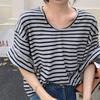 Striped Short Sleeved T-shirt for Women Summer Hong Kong Style Retro Design Loose and Slimming Top