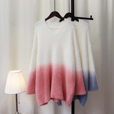 Imitation Mink Fleece Sweater Pullover Women's Autumn and Winter New Gradual Change of Color Soft Waxy Loose Knitted Sweater Top