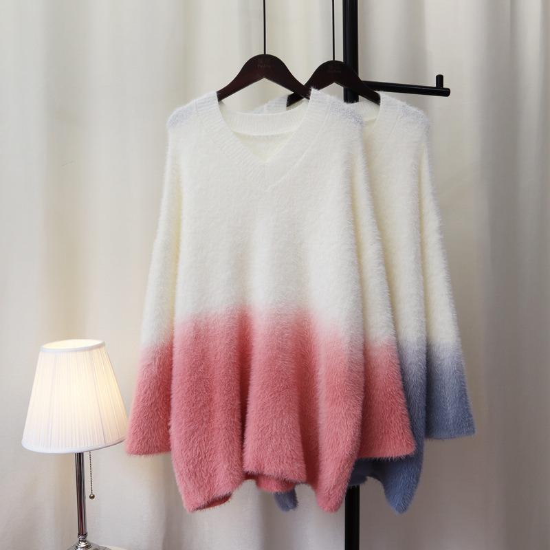 Imitation mink fleece sweater pullover women's autumn and winter new gradual change of color soft waxy loose knitted sweater top