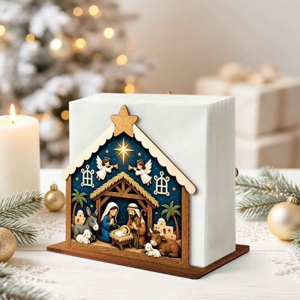 Wooden Christmas Napkin Holder Christmas Nativity Scene Pattern Tissue Organizer Bar