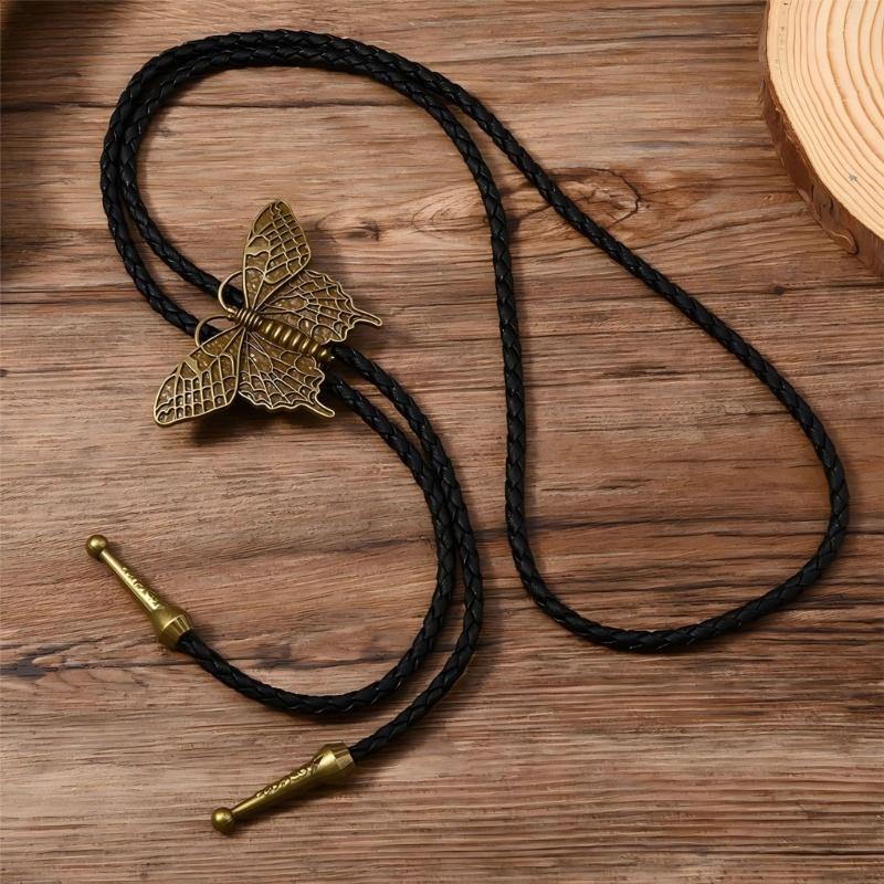 Bolo Tie Cowboy Costume Accessory for Men and Women Adjustable Length Vintage Metal Butterfly Pendant Necktie Necklace