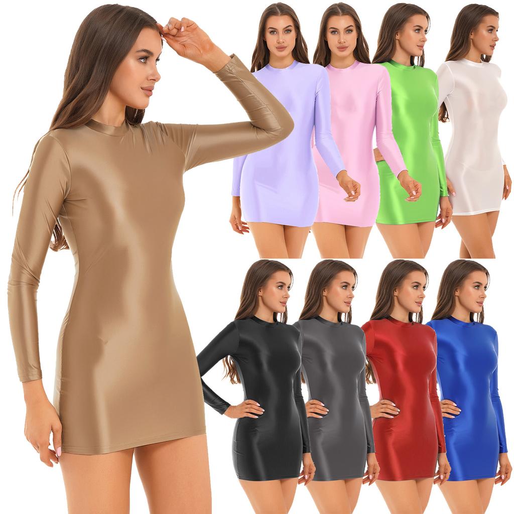 Womens Long Sleeve Bodycon Dress Glossy Smooth Fabric Stretchy Mock Neck Tight Nightwear Dress