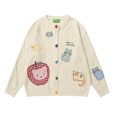 Unisex Oversized Knit Cardigan With Cat Appliqu Embroidery Casual Sweater