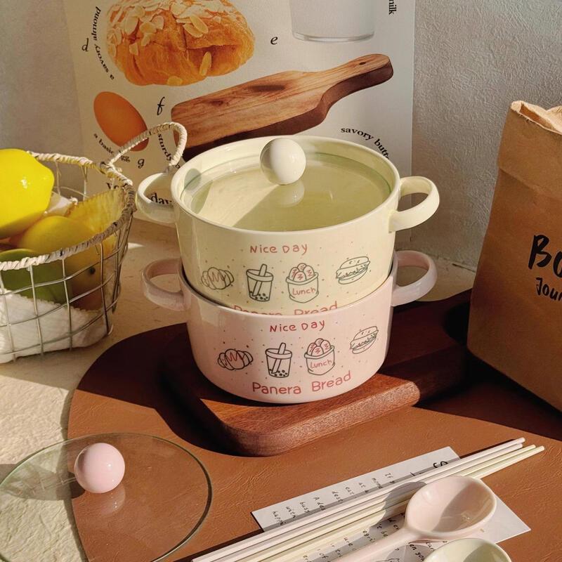Cute Ceramic Double-Ear Noodle Bowl with Lid