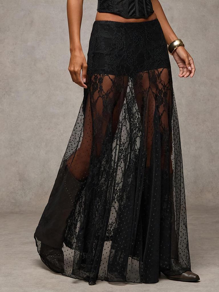 Großgröße Spitze Durchsichtig Patchwork Langer Rock - Sexy Europäisch Amerikanischer Stil Netzsaum